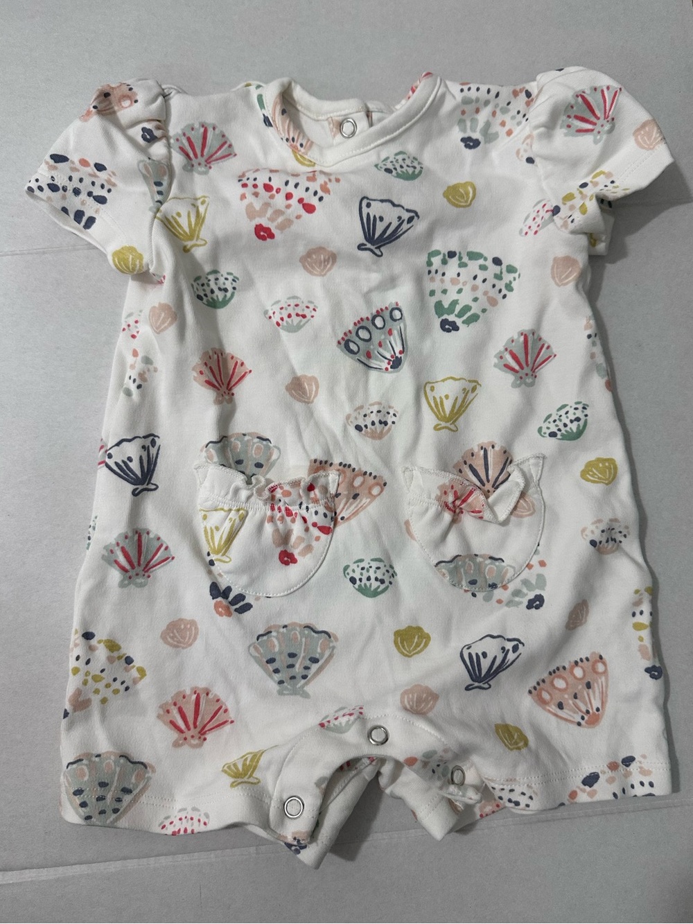 PEHR Short Sleeve Puff Romper in Seashells 6-12 Months